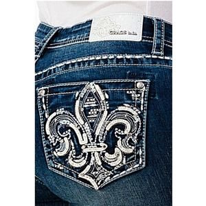 Grace In LA Women's Fleur De Lis Embellished Back Pockets Bootcut Stretch Jeans